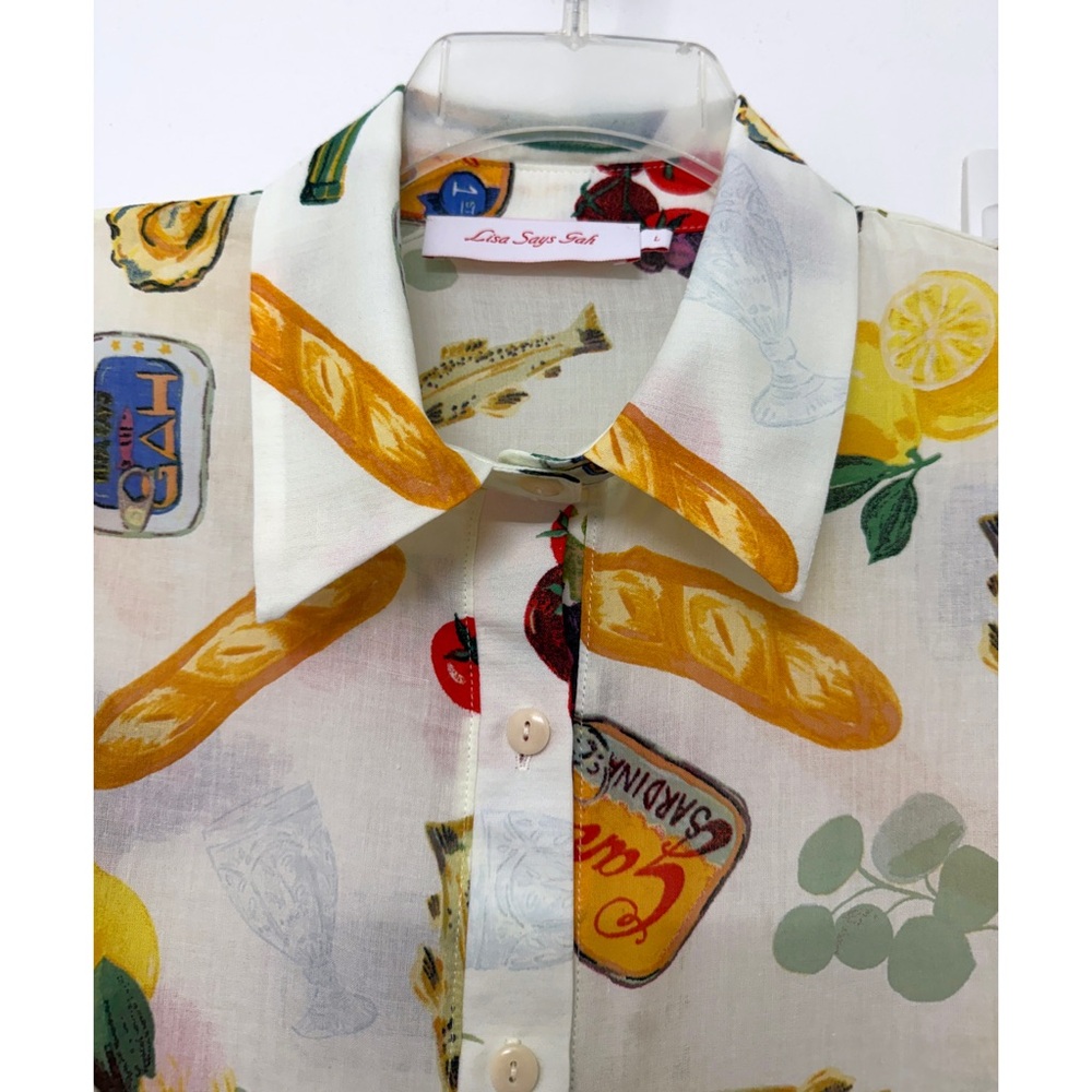 NWT Lisa Says Gah Tessa Food Print Button Down Shirt Top Italian Summer Ivory L - Picture 5 of 10